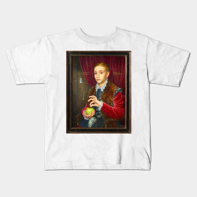 Boy With Apple Painting with painted frame Kids T-Shirt by DesignDLW